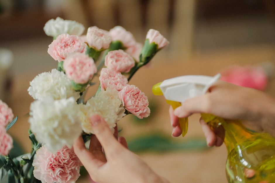 Close-up of a person's hands arranging a bouquet of fresh carnations and chrysanthemums in shades of pink and white. One hand holds a cluster of white carnations, while the other uses a yellow spray b